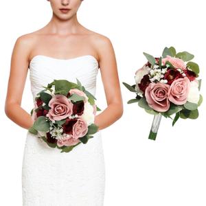 11 Inch Dusty Pink & Burgundy Silk Rose & Peony Bridesmaid Bouquets - Realistic & Easy to Arrange - Wedding Decorations
