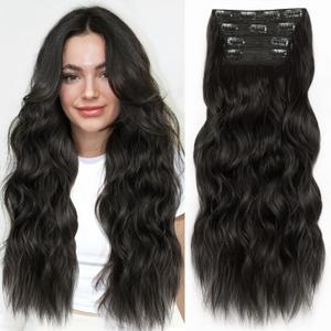 ALXNAN Clip in Long Wavy Synthetic Hair Extension 24 Inch Black Brown 4PCS Thick Hairpieces Fiber Double Weft Hair for Women