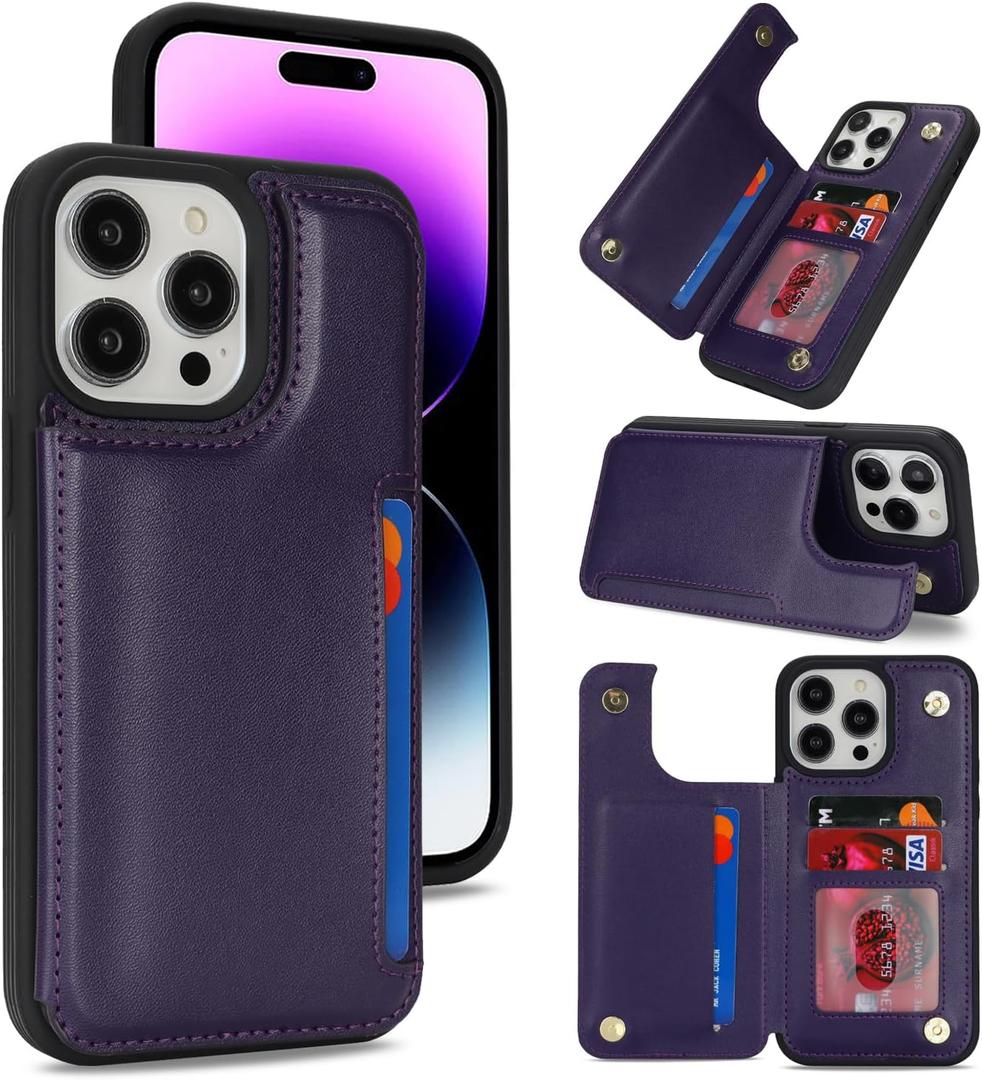 iCoverCase Compatible with iPhone 14 Pro Max Phone Case with Card Holder, Wallet Case for Women Men RFID Blocking PU Leather Protective Case 6.7 Inch (Dark Purple)