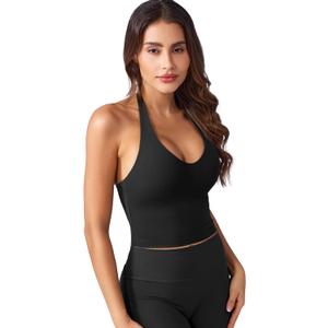 YEOREO Women's Halter Crop Top V Neck Workout Going Out Tank Top Hazel Padded Sleeveless Backless Trendy Summer Camisole (Black), S