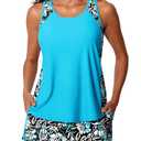 Summer Mae Blouson Tankini Swimsuits for Women 2026 Tummy Control Two Piece Bathing Suits with Sporty Pockets Swim Shorts Black Floral Sketch Size 16