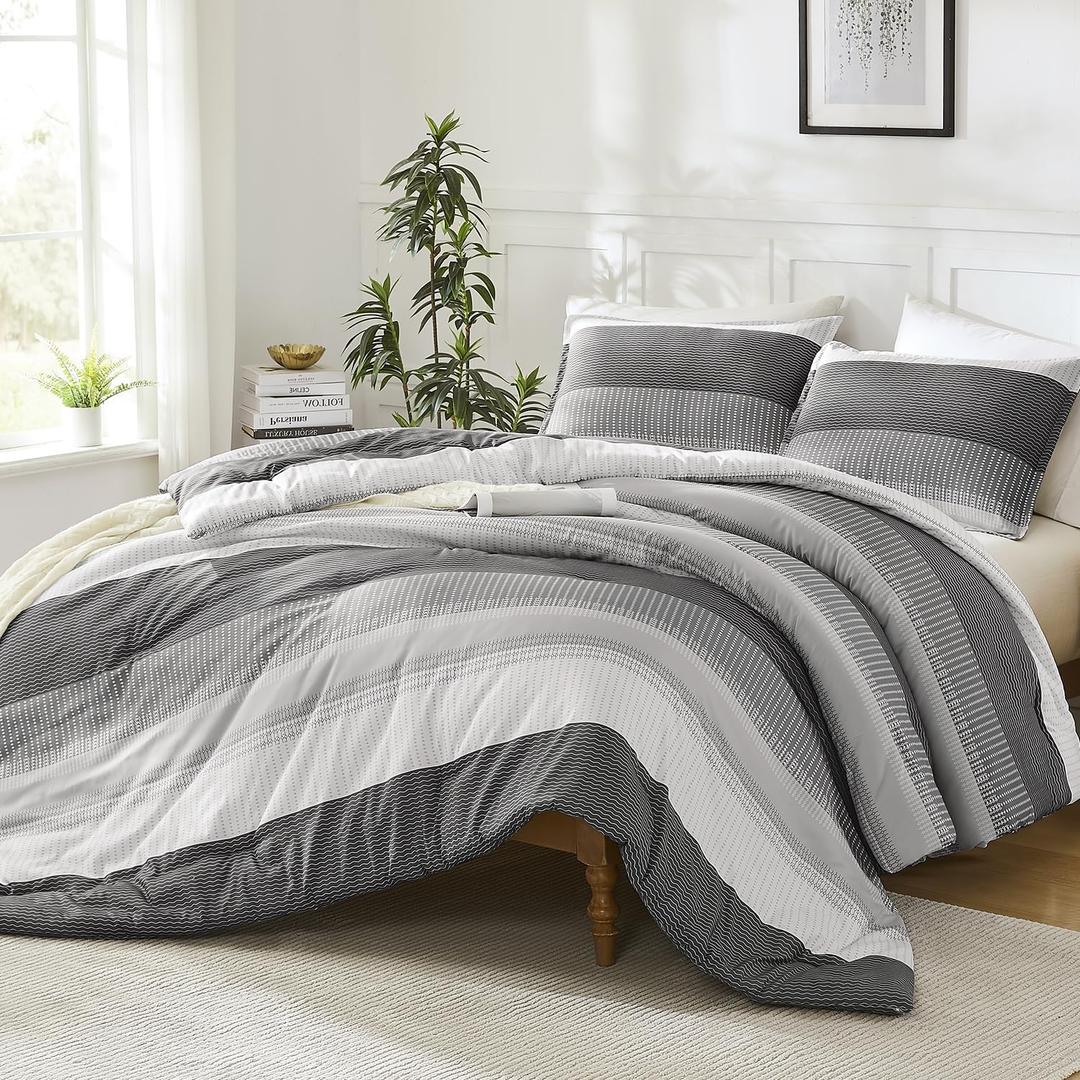 Litanika Dark Grey Comforter Set Oversized King - 3 Pieces Lightweight Dark Grey Colorblock Stripe Fluffy Bedding Comforter Sets, All Season Bed Set