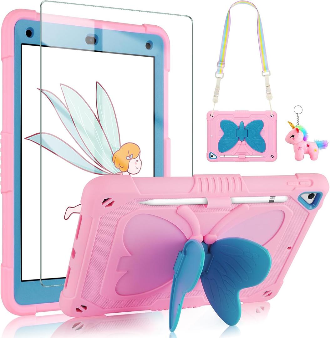 VOFUOE for iPad 6th/5th Generation Case with Screen Protector for iPad 9.7 Case 2018 2017 Butterfly Stand Strap Dolls Pencil Holder Kids Girls Hard Cover for iPad Pro for iPad Air 2th 9.7''-Pink Blue