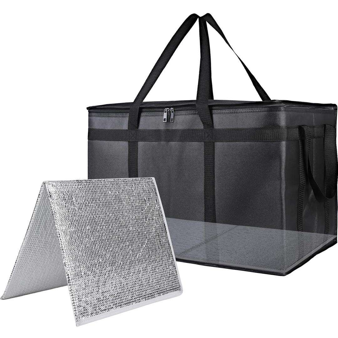 Bodaon 1PK Thermal Insulated Food Delivery Bag with Hard Bottom - 3X-Large Catering Cooler Bag for Hot and Cold Meals - Ideal for Commercial Pizza Transport, Grocery, Restaurants, and Events. Black