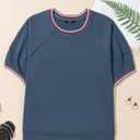 Dokotoo T Shirts for Women Striped Color Block Loose Fit Round Neck Womens Tops Fashion 2025 Oversized Tshirts for Women (Medium, Navy Blue)