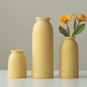 Ceramic Vase Set-3, Small Flower Vases for Decor, Modern Boho Farmhouse Style, Decorative Vases for Pampas Grass & Dried Flowers, Distressed Finish (Yellow)