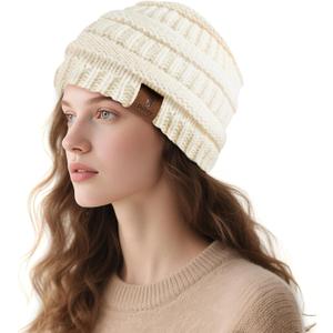 Beanies Hat for Women & Men,Warm Soft Knitted Beanie Unisex Cuffed Hat for Winter Fleece Lined Hats Snow Cap (White)