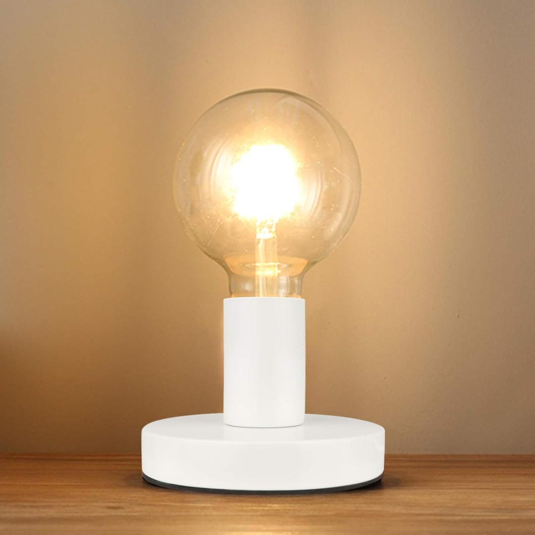 Helunsi Industrial Table Lamp Base - E26/E27 Edison Light Bulb Stand, Exposed Bulb, Simple Metal, 5.8ft Cord Switch Plug, White
