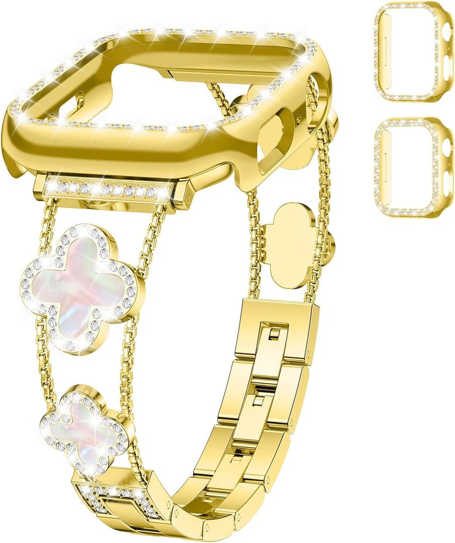 Bling Metal Band and Case for Apple Watch Bands for Women 40mm 41mm 38mm 42mm 44mm 45mm 46mm,Clover Diamond Sparkle Bracelet Dressy Strap with Cover for iWatch Band Series 11 10 9 8 7 6 5 4 SE 3 2 1