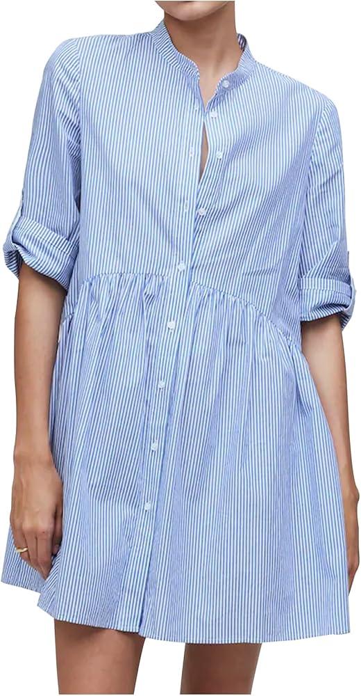 City Chic Women's Cotton Striped Tunic Shirt Mini Dress Button Front Short Sleeve Dress Swing Babydoll Casual Dress XL