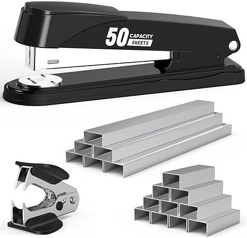 Metal Stapler Heavy Duty 50 Sheet Capacity with 1750 Staples and Staple Remover, Full Strip Staplers for Desk, No Jam, Non-Slip for Office & Classroom, Black
