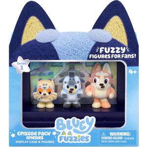 Bluey Fuzzies Episode Pack: Onesies, 3 Flocked Mini-Figures | Includes exclusive figure, display case, trading card & guide; 90+ to collect in Series 1, kids toys