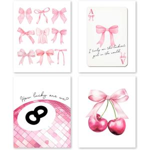 FUQWZ Bows Pink Wall Art Set of 4 (8x10in, Unframed) - Coquette Room Decor - Pink Posters for Room Aesthetic (031)