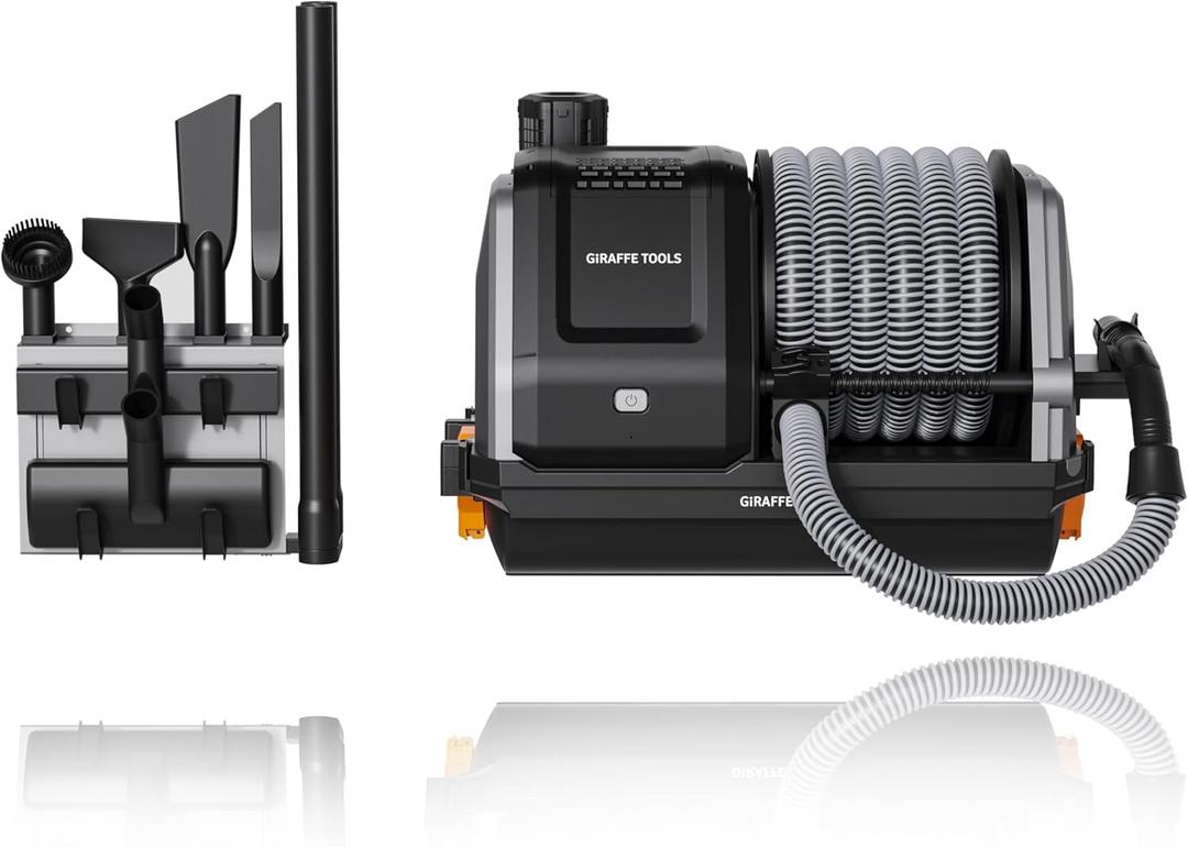 Giraffe Tools Grandstorm Retractable Vacuum Cleaner Wall-Mounted, Shop Wet Dry Vacuum Cleaner with 6 Nozzles for Car Detailing Remote Control Garage Vacuum, Grey (30FT Hose + No Extension)