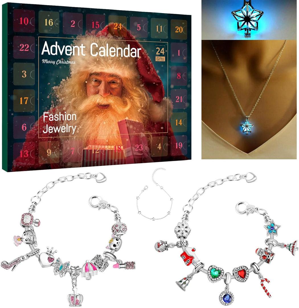 Advent Calendar 2024, Advent Calendar Jewelry for Girl, Christmas Advent Calendar Jewelry with 3 Adjustable Bracelet 1 Luminous Necklace and 22 Charm Beads Countdown to Xmas Calendar DIY, Xmas Gift
