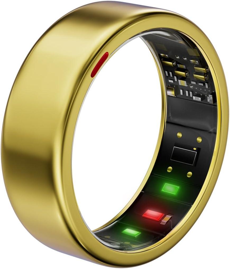 Smart Ring for Women Men- Sleep/Fitness/Stress/Heart Rate Tracker- Menstrual Records - 7 Days Battery Life - Wireless Charging - No APP Subscription - iOS & Android Compatible (Gold, Size 8)