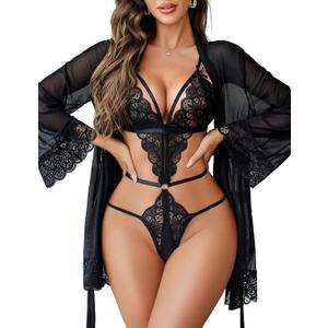 Avidlove Women Sexy Lingerie Set 2 Piece Lace Teddy with Mesh Kimono Robe Bodysuit Nightgown (XX-Large, Black)