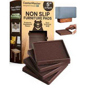 CasterMaster Non-Slip Furniture Pads Square Rubber Anti-Skid Caster Cups, Anti-Sliding Floor Protectors for Furniture (Brown, 5'' x 5'' (Pack of 4))