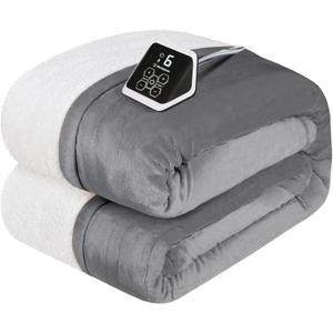 Westinghouse Heated Blanket Twin Size, Soft Flannel to Sherpa Electric Blanket with 10 Heating Levels, 12 Hours Auto Off, Fast Heating, Machine Washable, 62x84 Inch, Light Grey