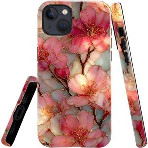 Compatible with iPhone 15 Case,Glossy Case All-Round Protection Shockproof Anti-Scratches TPU Cover,Cases for Man Woman-Blossoms Pink Flower Stained Glass