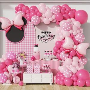 Pink Mouse Balloon Garland Arch, 136Pcs Pink Rose Polka Dots Balloon for Mouse Theme Birthday Girl Baby Shower Decoration