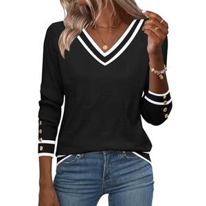 Zeagoo Womens Fall Sweaters Fashion 2025 V Neck Dressy Casual Shirt Lightweight Long Sleeve Work Blouse Ribbed Knitted Attire Black-White.S