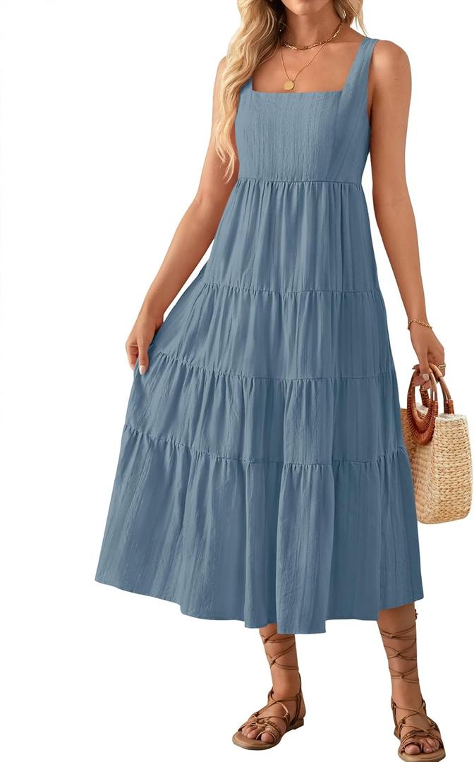ZESICA Women's Summer Sleeveless Dress Casual Backless Loose Flowy Tiered Sundress Beach Cover up Tank Dresses (Blue, M)