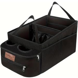 FUNNy elf Car Backseat Organizer for Cars, Collapsible Front Seat Organizer with 4 Cup Holders, Storage Pockets & Dividers, Passenger Seat Organizer for SUV, Truck, Sedan
