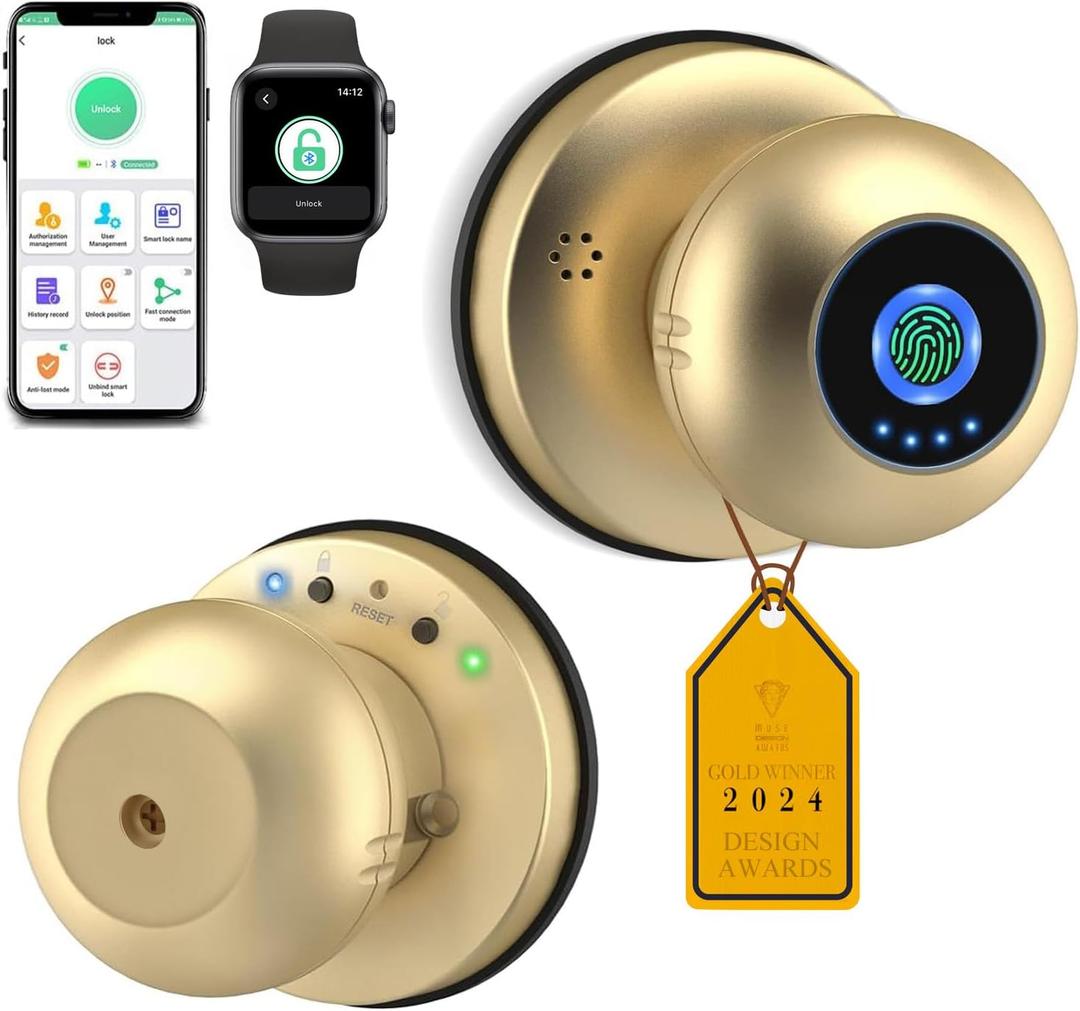 eLinkSmart Fingerprint Door Lock Smart Ball Door Knob with Key Keyless Entry Door Lock for Bedroom Apartment with Privacy Mode Bluetooth App iOS Watch Control Glod