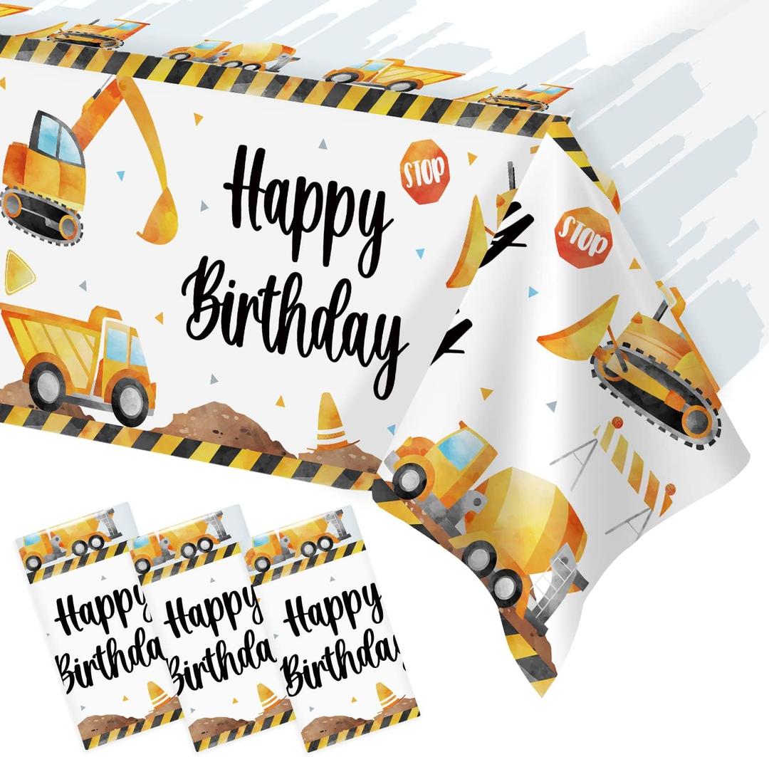 3 Pieces Construction Birthday Party Decorations Table Cloth,Construction Theme Large Size 54 x 108 Inch Rectangular Plastic Tablecloth Kids Boys Truck Party Supplies