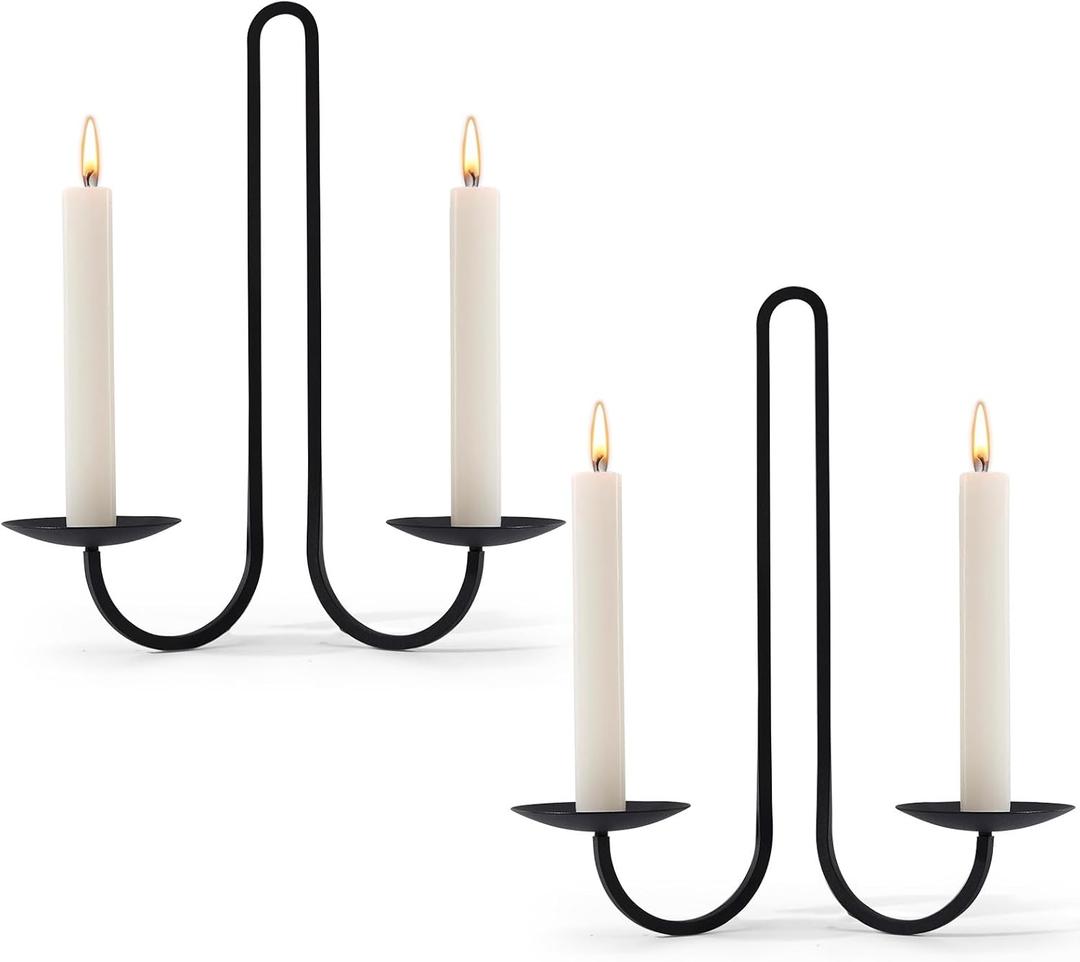 Wall Candle Holder Set of Two, Metal Black Candle Sconces Wall Decor, Hanging Candle Holder Fits Taper Candle/LED Tea Lights, Wedding Housewarming Gifts for Farmhouse Living Room Fireplace (Double-arm 2pcs)