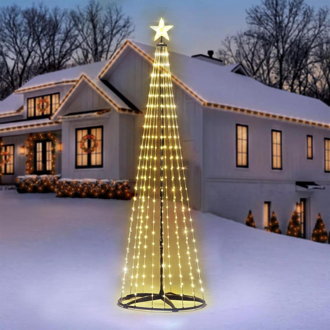 7 ft Lighted Outdoor Christmas Tree, 310 LEDs Pre-lit Christmas Cone Tree with Star Topper for Indoor and Outdoor Holiday Decorations (Warm White)