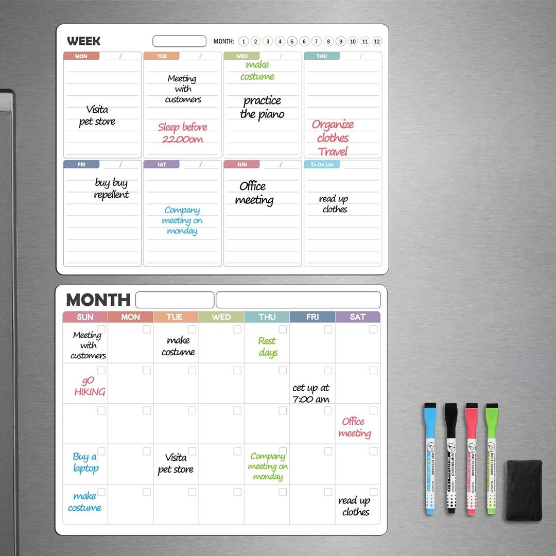 Magnetic Dry Erase Calendar Set  14x11 Monthly & Weekly Planners for Refrigerator  Stain-Resistant Surface with Markers & Magnetic Board Eraser (2PCS, white)