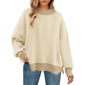 ZESICA Women's Fall 2025 Oversized Sweaters Long Sleeve Color Block Mock Neck Side Slit Comfy Loose Knitted Pullover Tops (Beige, S)