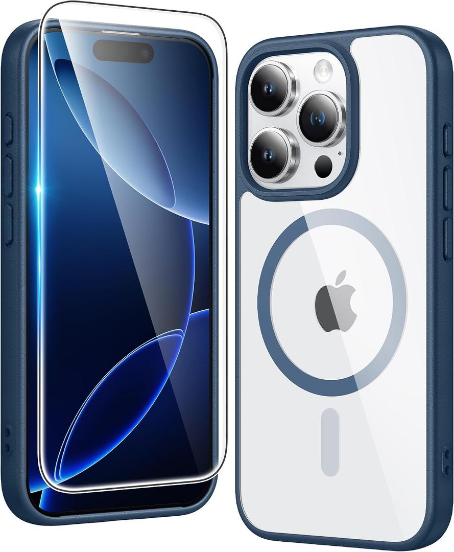 FNTCASE for iPhone 16 Pro-Max Case: Clear Magnetic Phone Cases with Screen Protector Compatible with Magsafe Slim Anti Yellowing Rugged Shockproof Protective Transparent Cell Phone Cover (B-Blue)