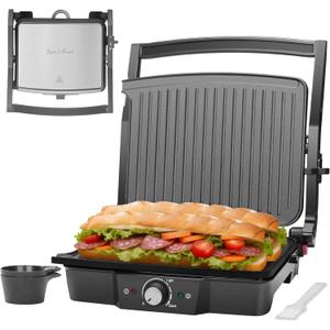 Baker’s Friend Panini Grill Press Sandwich Maker, 4-Slices Panini Press Maker, Grill Cheese Sandwich Maker, Indoor Grill Electric, Non Stick Surfaces, Stainless Steel