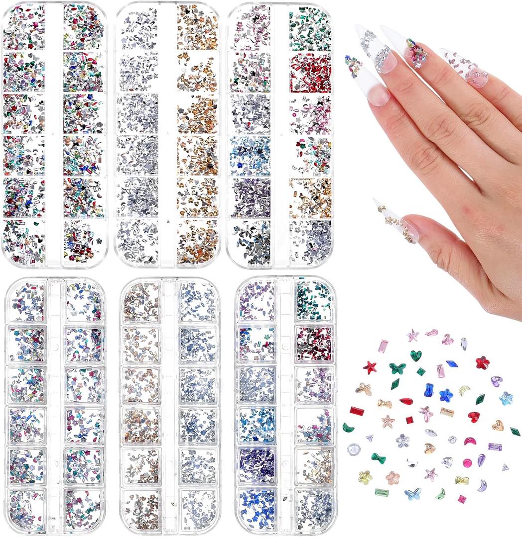 6 Boxes/72Gird 6000pcs Colorful Nail Art Rhinestones Charms, 3D Multi Shape Flatback Nail Jewels, Mini Nail Gem for Nails Art Design Heart Star Flower Nail Diamonds, Women Manicure Crafts DIY