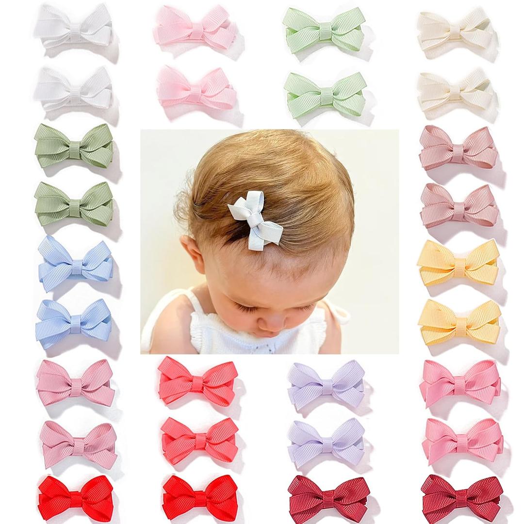 28 Pack 2'' Mini Bow Snap Clips,Baby Girls Grosgrain Ribbon Bows Tiny Hair Clips Fine Hair for Girls Infants Toddlers (style 1)