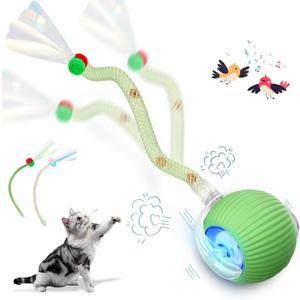 Interactive Cat Toys for Indoor Cats, Interactive Cat Ball Toy with Elastic Mesh Tail, Automatic Cat/Kitten Toys with Chirping & Motion Activate, Cat Toys for Bored Indoor (Green)