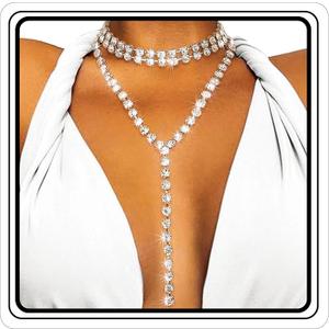 ELABEST Long Rhinestone Necklace Layered Y Necklaces Crystal Choker Necklace Dainty Wedding Bridal Bridesmaid Jewelry for Women