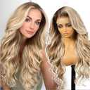 KOME Dirty Blonde Synthetic Lace Front Wig,136 Curly Glueless Wigs for Women Daily Use 26IN