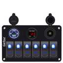 Waterproof 6 Gang Aluminum Boat Switch Panel Marine Rocker Switch with 12V Voltmeter Type C and QC3.0 USB Charging Socket for Car Boat