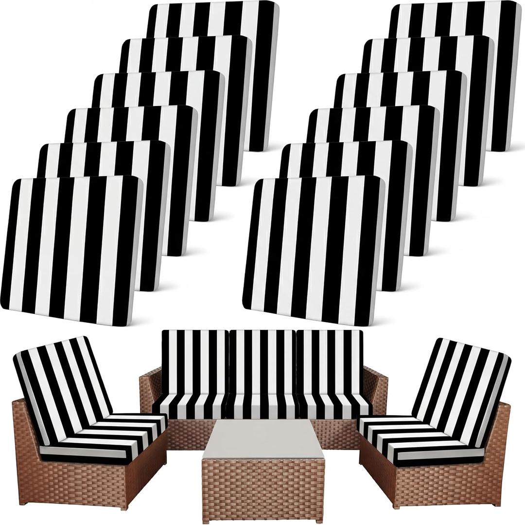 Newwiee 12 Pcs Patio Stretch Outdoor Cushion Covers Sofa Couch Cover Replacement Couch Slipcover Sofa Seat Chair Porch Patio Furniture Protector, Flexibility Washable (Black White,Stripes)