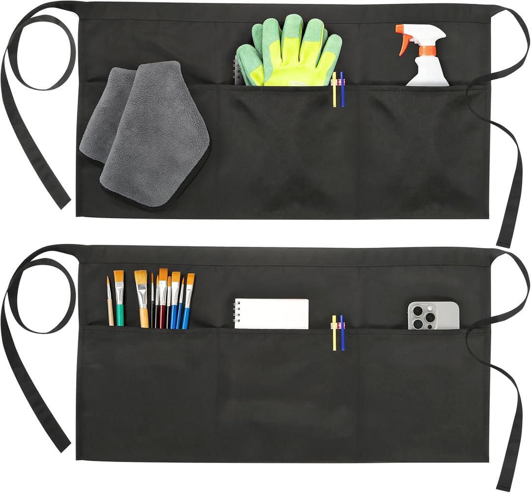 2-Pack Black Server Aprons with 3 Pockets, Adjustable Water-Resistant Waist Half Apron for Waitress & Bartender