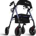 Lightweight Rollator Walker with Seat & Backrest - Foldable Mobility Aid for Seniors, 8" Large Airless Tires, Adjustable Height, Brake,Storage Bag,300 lbs Capacity, 4 Wheel Rolling Walkers for Adults (Deep Blue-all Terrain(8 Inch Wheels))
