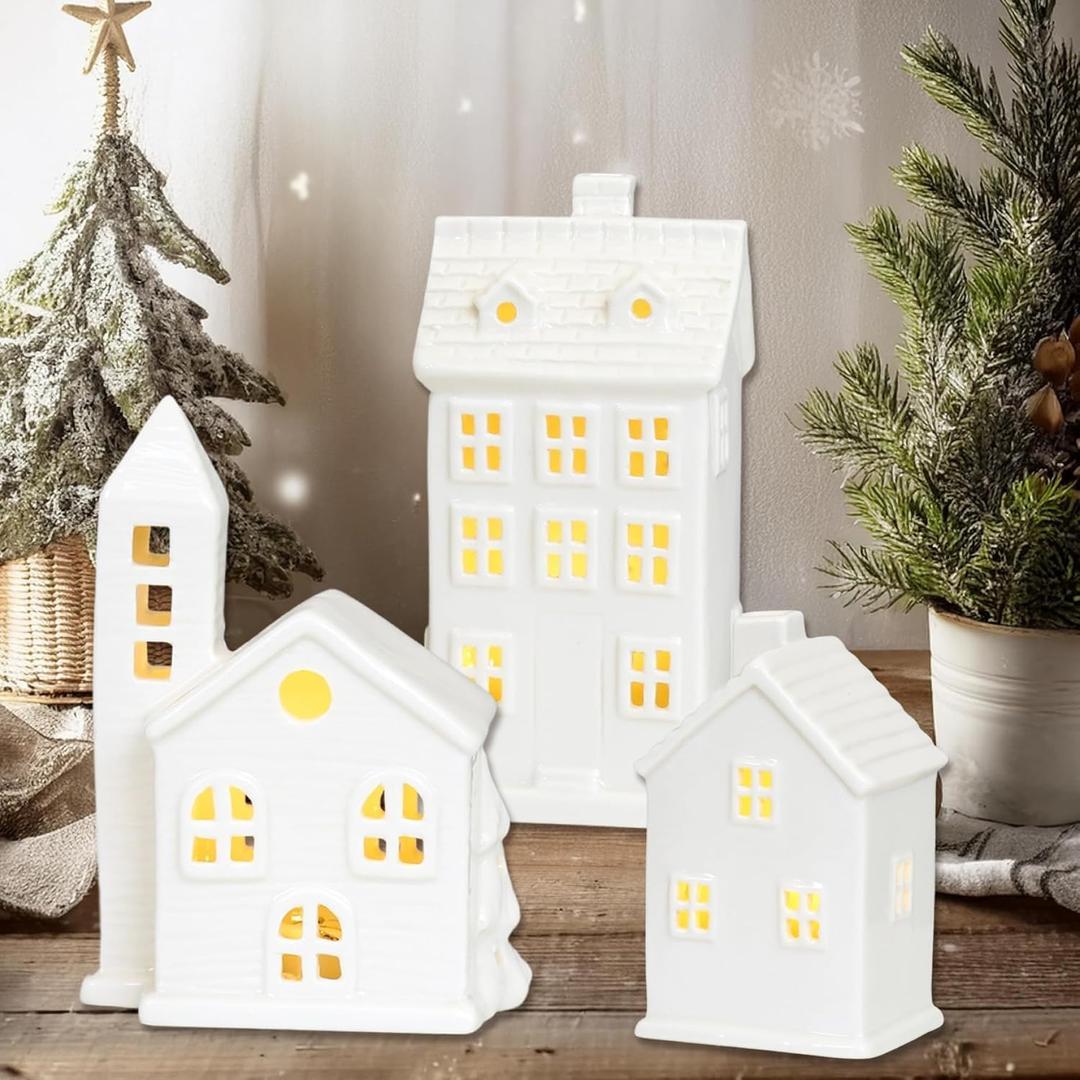 White Ceramic Christmas Village Houses,Christmas House Night Light,LED Light Up Christmas House,White Porcelain Village Town Houses with Built-in Led Lights,Christmas Town Scene Collection Buildings