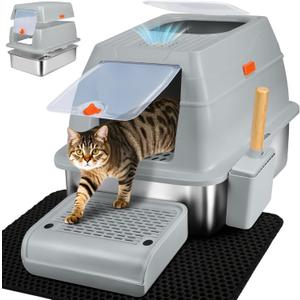 SZEE Stainless Steel Litter Box, XL Top Exit Enclosed Metal Cat Litter Box with Lid & Enclosure, Activated Charcoal Odor Control, Footboard, Trapping Mat & Scoop Included (Gray)