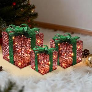 Christmas Decorations, 3-Piece Set, Box Ornaments with Bows, Illuminates Christmas Tree Skirts. Suitable for Indoor, Courtyard, and Outdoor Lawn Decorations.