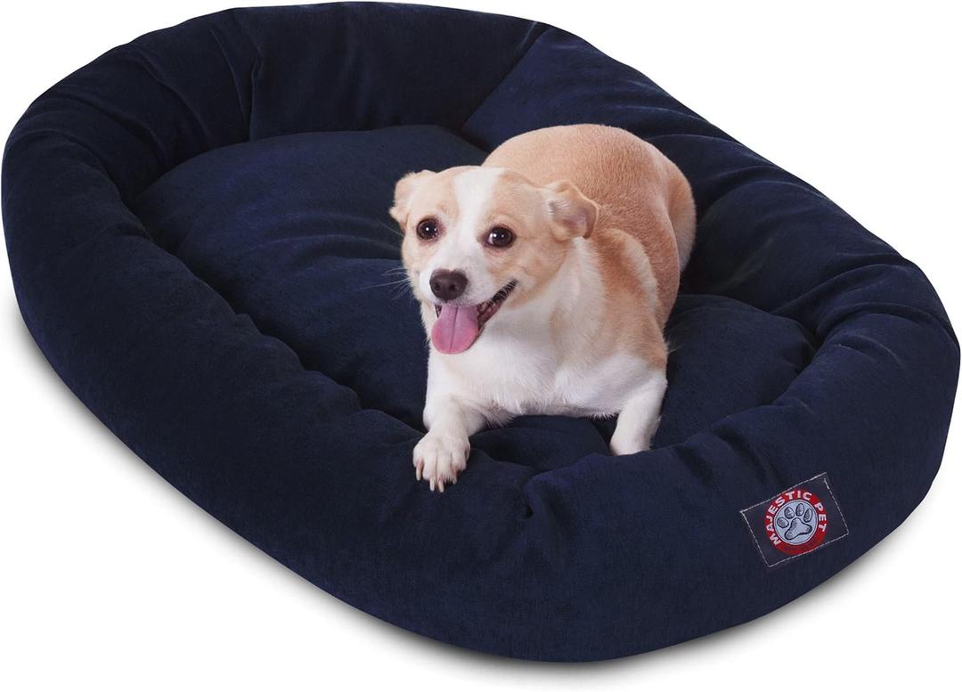 Majestic Pet 32 Inch Micro Velvet Calming Dog Bed Washable  Cozy Soft Round Dog Bed with Spine for Head Support - Fluffy Donut Puppy Mat 32x23x7 (inch) Medium  Navy