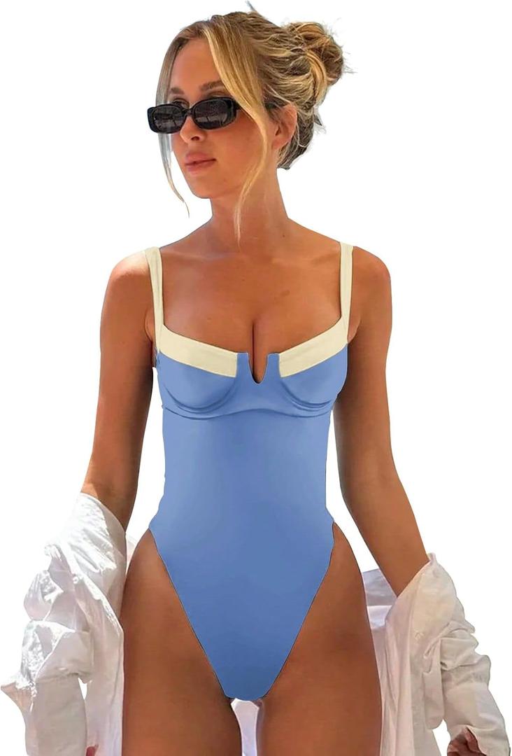 SKAYS Womens V Wire Push Up One Piece Swimsuits Color Block Bathing Suit Cute Tie Back Adjust Swimwear (X-Large, Blue)